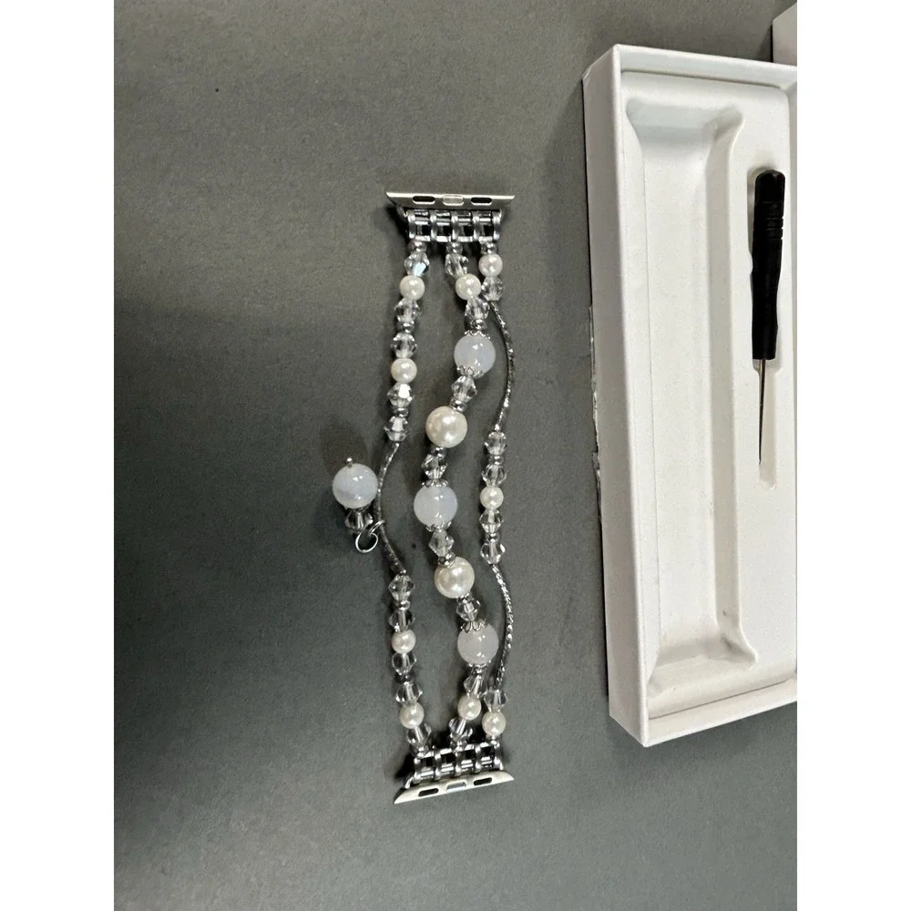38mm Apple Watch Compatible Pearl Crystal Beaded Bracelet Band Silver w/ Box